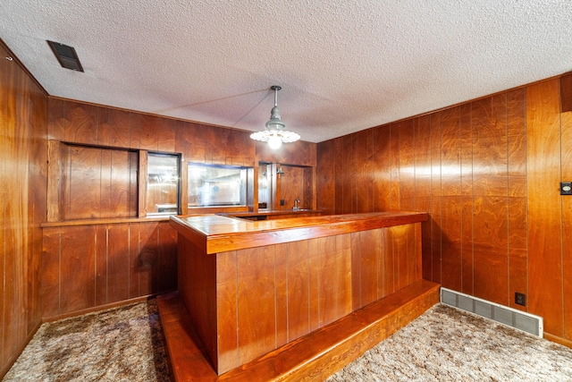 4705 Roemer Rd, Columbia, MO 65202 - indoor dry bar featuring wood walls, carpet, a textured ceiling, ceiling fan, and pendant lighting