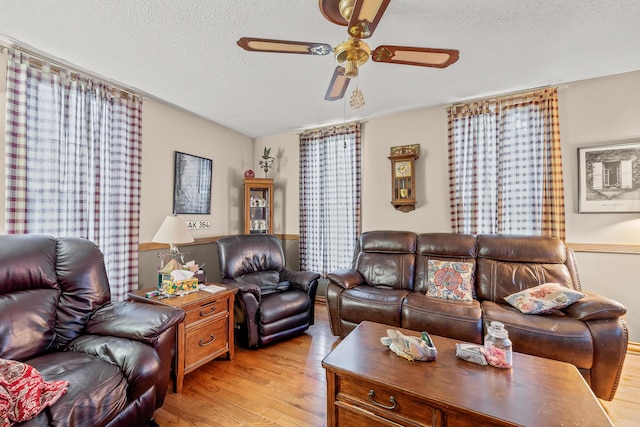 801 Court St, Fulton, MO 65251 - living room with a textured ceiling, a ceiling fan, and light wood-type flooring