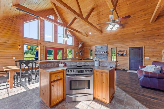4604 County Road 115, Fulton, MO 65251 - kitchen featuring open floor plan, electric stove, a ceiling fan, a wooden ceiling with exposed beams, and high vaulted ceiling