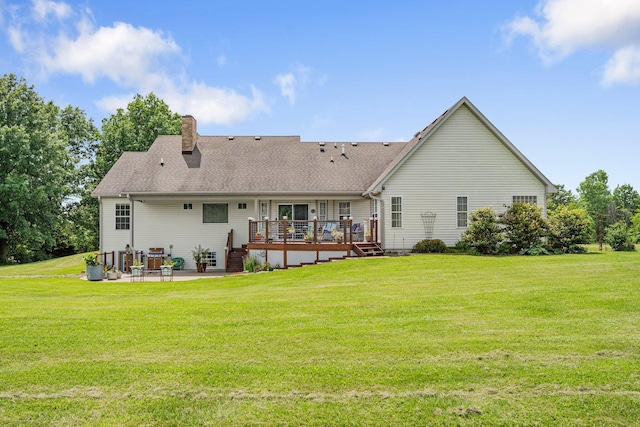 9050 Hartley Rd, Hallsville, MO 65255 - back of house with a patio area, a deck, a yard, a chimney, and stairway