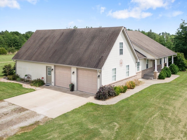 9050 Hartley Rd, Hallsville, MO 65255 - view of front of house featuring concrete driveway, a garage, a front yard, and roof with shingles
