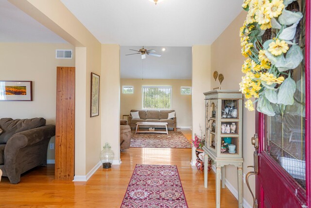 9050 Hartley Rd, Hallsville, MO 65255 - entryway featuring a ceiling fan and light wood-style floors