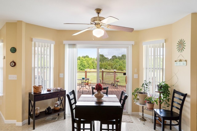 9050 Hartley Rd, Hallsville, MO 65255 - dining space featuring ceiling fan and baseboards