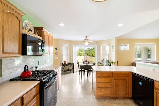 9050 Hartley Rd, Hallsville, MO 65255 - kitchen featuring black appliances, light countertops, a ceiling fan, recessed lighting, and tasteful backsplash