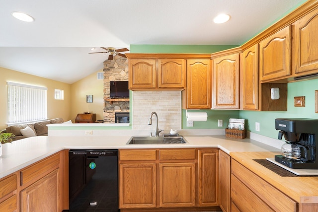 9050 Hartley Rd, Hallsville, MO 65255 - kitchen featuring black dishwasher, a ceiling fan, light countertops, and vaulted ceiling