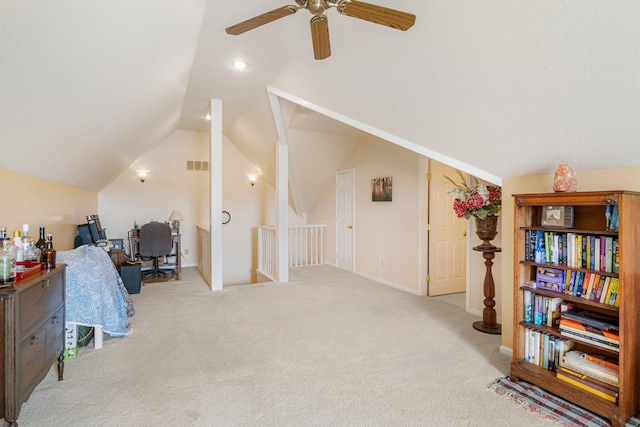 9050 Hartley Rd, Hallsville, MO 65255 - carpeted office space with lofted ceiling and a ceiling fan