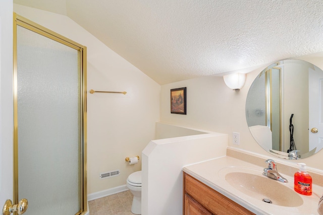 9050 Hartley Rd, Hallsville, MO 65255 - full bath with a shower stall, vanity, vaulted ceiling, and a textured ceiling