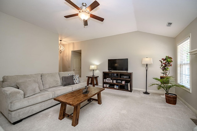 4504 Orrine St, Columbia, MO 65201 - living room featuring ceiling fan, light colored carpet, and lofted ceiling