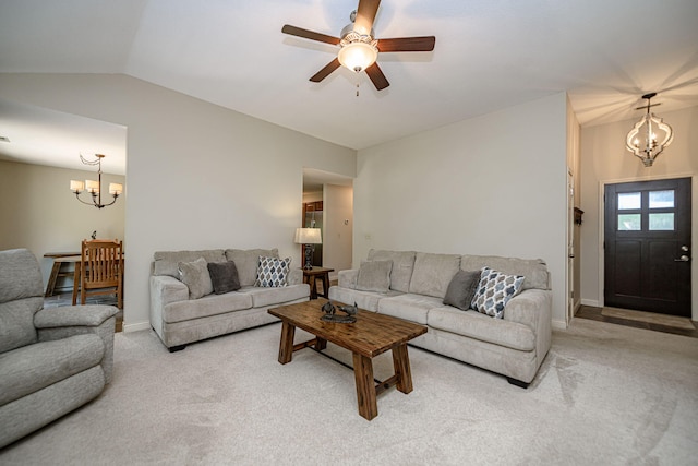 4504 Orrine St, Columbia, MO 65201 - living room featuring a chandelier, light carpet, a ceiling fan, and vaulted ceiling
