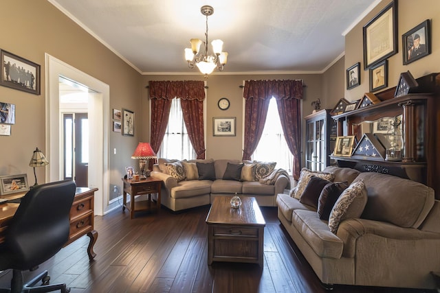 1001 Randolph St, Glasgow, MO 65254 - living area featuring a chandelier, dark wood finished floors, and crown molding