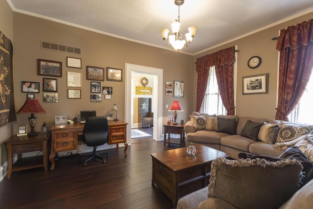 1001 Randolph St, Glasgow, MO 65254 - home office with a chandelier, dark wood-type flooring, and crown molding