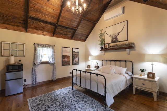 1001 Randolph St, Glasgow, MO 65254 - bedroom with wooden ceiling, freestanding refrigerator, a wall mounted AC, a chandelier, and wood finished floors