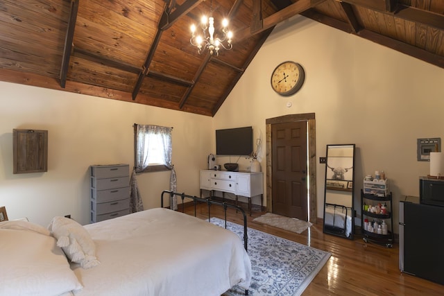 1001 Randolph St, Glasgow, MO 65254 - bedroom with a wood ceiling with exposed beams, freestanding refrigerator, dark wood-type flooring, high vaulted ceiling, and a chandelier