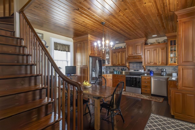 1001 Randolph St, Glasgow, MO 65254 - dining room featuring stairway, dark wood finished floors, a chandelier, and wood ceiling
