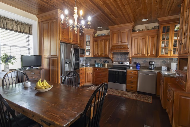 1001 Randolph St, Glasgow, MO 65254 - kitchen with appliances with stainless steel finishes, wood ceiling, brown cabinets, dark wood-style flooring, and a chandelier