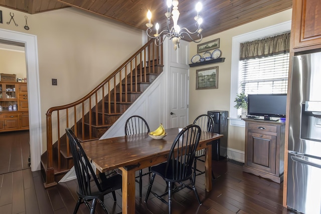 1001 Randolph St, Glasgow, MO 65254 - dining area with stairs, a chandelier, dark wood-type flooring, and wooden ceiling