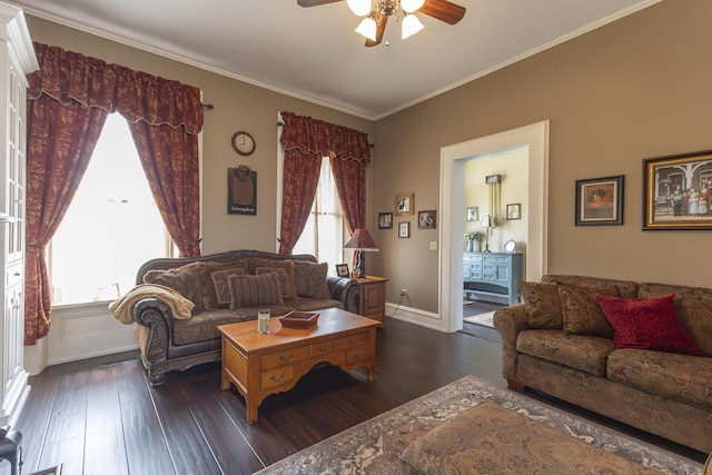 1001 Randolph St, Glasgow, MO 65254 - living area featuring ceiling fan, dark wood-style flooring, and crown molding