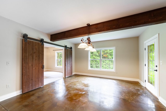 3903 Foxcreek Way, Columbia, MO 65203 - empty room with a barn door, concrete flooring, healthy amount of natural light, and beam ceiling