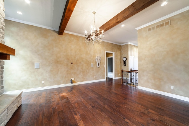 3903 Foxcreek Way, Columbia, MO 65203 - unfurnished living room with beam ceiling, wood-type flooring, a chandelier, and crown molding