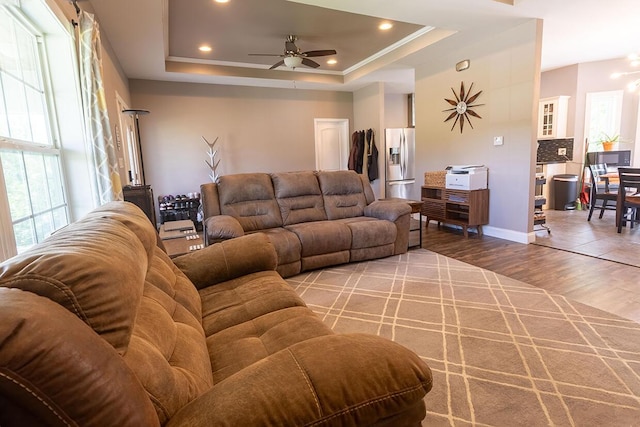 3045 State Rd, Aa, Holts Summit, MO 65043 - living area featuring a ceiling fan, wood finished floors, recessed lighting, and a raised ceiling