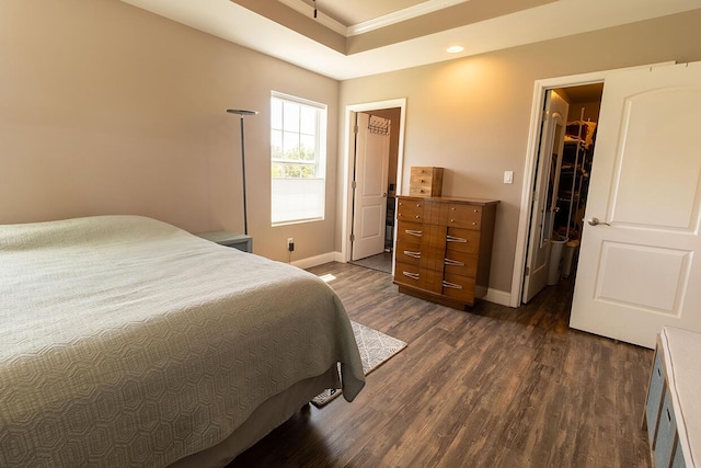 3045 State Rd, Aa, Holts Summit, MO 65043 - bedroom with crown molding, dark wood-style flooring, a walk in closet, recessed lighting, and a tray ceiling