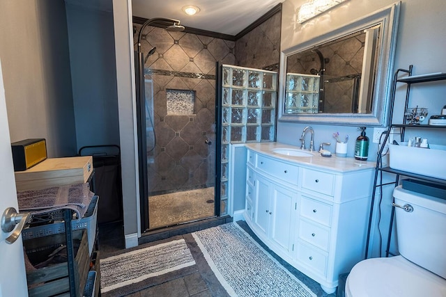 3045 State Rd, Aa, Holts Summit, MO 65043 - bathroom featuring a stall shower, vanity, and ornamental molding