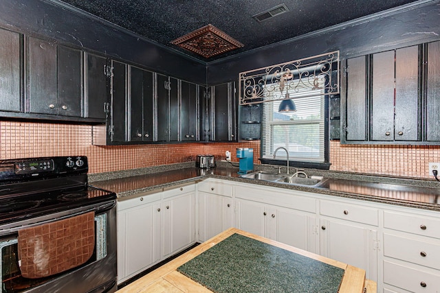 4741 E N Rte E, Columbia, MO 65202 - kitchen with black electric range, dark countertops, tasteful backsplash, dark cabinetry, and crown molding
