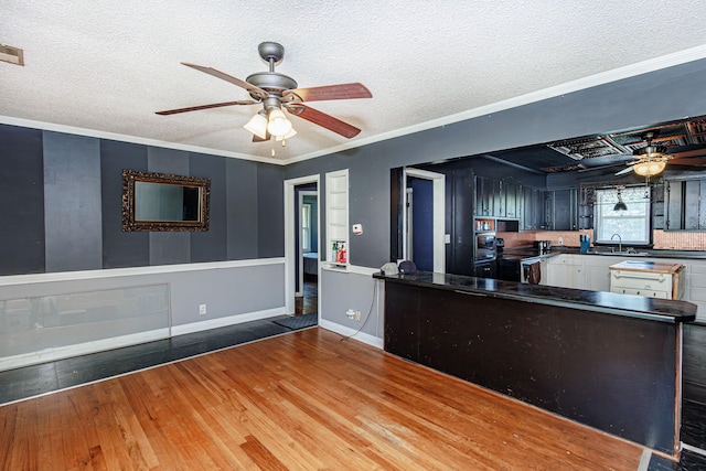 4741 E N Rte E, Columbia, MO 65202 - kitchen with a ceiling fan, a textured ceiling, wood finished floors, crown molding, and dark countertops