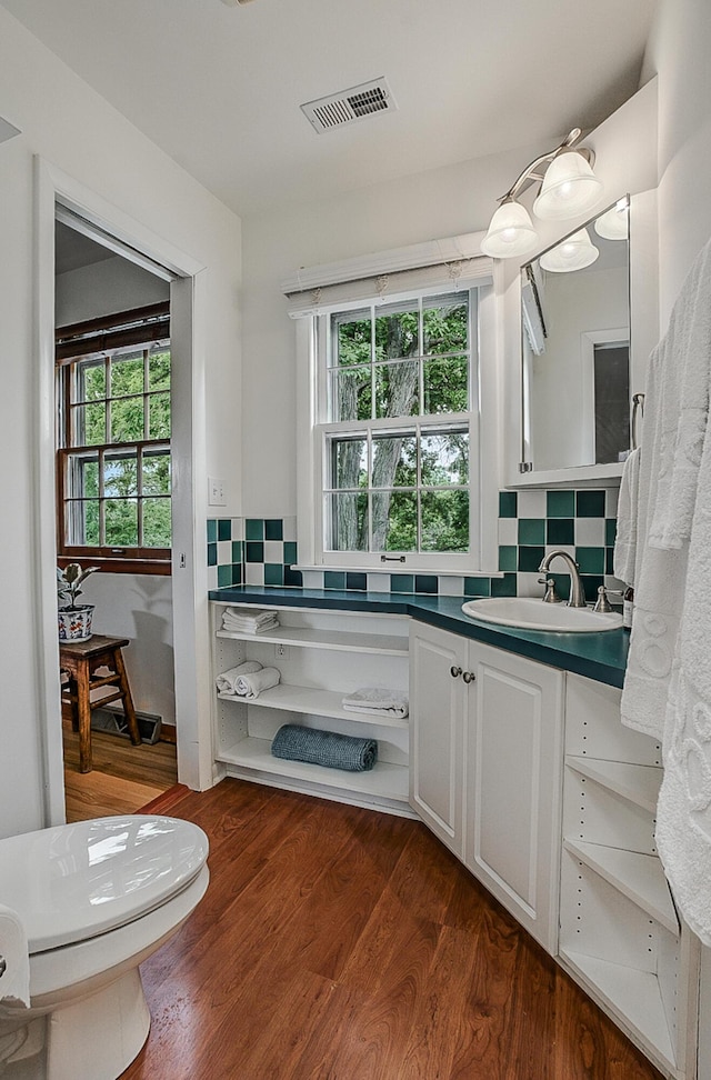 1000 Yale Dr, Columbia, MO 65203 - bathroom featuring vanity, decorative backsplash, and wood finished floors