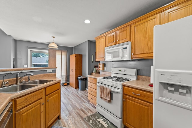 6610 Chrissula Ln, Columbia, MO 65203 - kitchen with white appliances, light wood-style flooring, light countertops, and hanging light fixtures