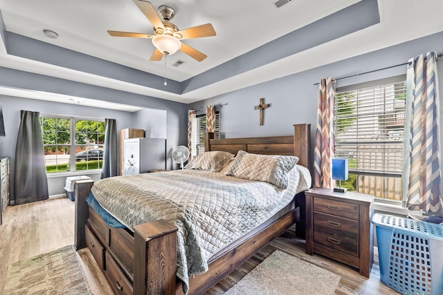 6610 Chrissula Ln, Columbia, MO 65203 - bedroom featuring light wood-style flooring, a raised ceiling, and a ceiling fan