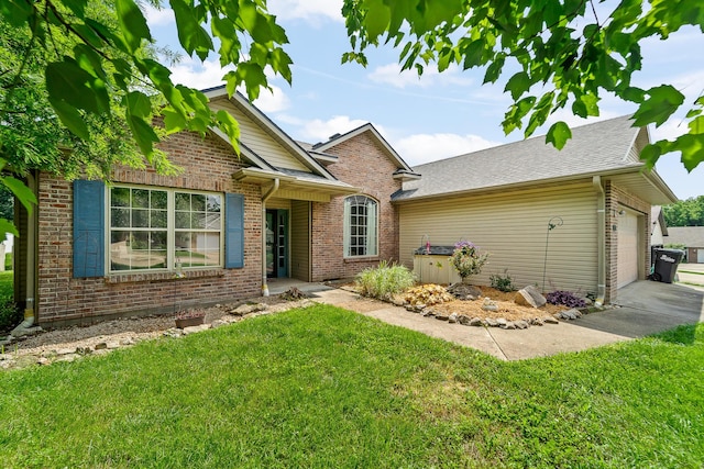 6610 Chrissula Ln, Columbia, MO 65203 - view of front of home with an attached garage, brick siding, a front lawn, and driveway
