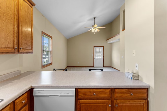 2208-2210 Shamrock Dr, Columbia, MO 65202 - kitchen with white dishwasher, plenty of natural light, ceiling fan, lofted ceiling, and brown cabinets