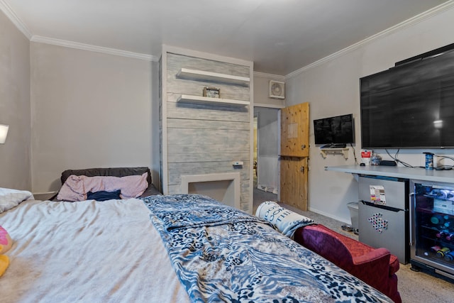 704 N Jefferson St, Mexico, MO 65265 - carpeted bedroom with ornamental molding, freestanding refrigerator, and wine cooler