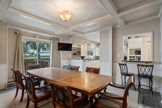 704 N Jefferson St, Mexico, MO 65265 - dining room featuring coffered ceiling, wood finished floors, wainscoting, and beamed ceiling