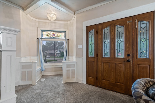 704 N Jefferson St, Mexico, MO 65265 - entryway featuring carpet floors, wainscoting, and ornamental molding