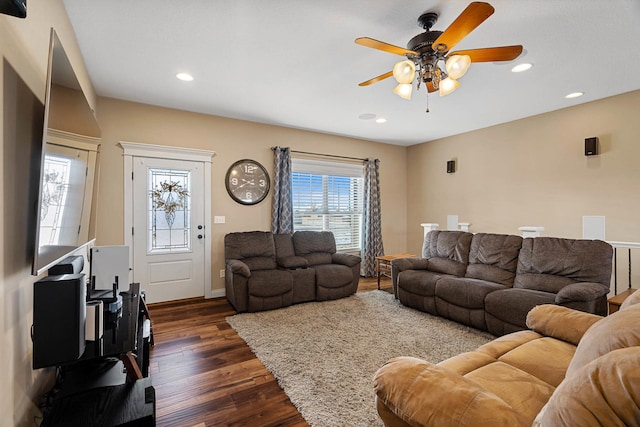 4969 W Red Tail Dr, Ashland, MO 65010 - living room featuring ceiling fan, dark wood-type flooring, and recessed lighting