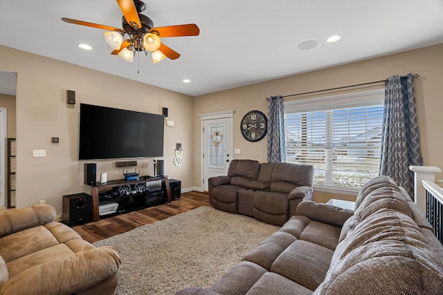 4969 W Red Tail Dr, Ashland, MO 65010 - living room with ceiling fan, wood finished floors, and recessed lighting