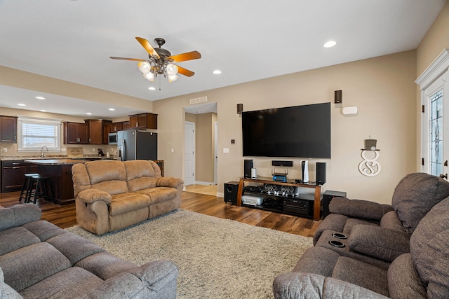 4969 W Red Tail Dr, Ashland, MO 65010 - living room with dark wood-type flooring, ceiling fan, and recessed lighting