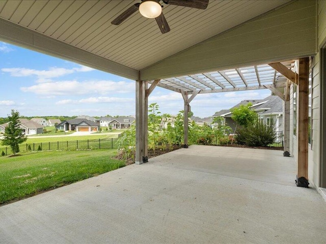 5204 Newbury Way, Columbia, MO 65203 - view of patio / terrace with a ceiling fan, a pergola, and a residential view