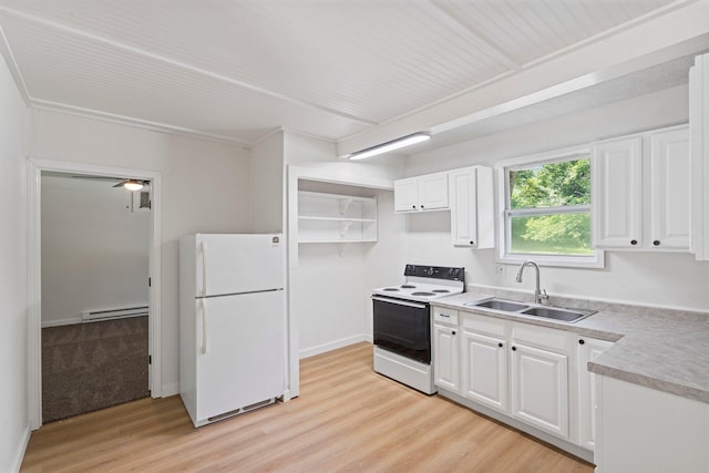 504 1st St, Boonville, MO 65233 - kitchen featuring white appliances, light wood-type flooring, white cabinetry, and baseboard heating