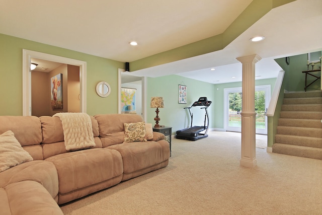 5200 N Locust Grove Church Rd, Columbia, MO 65202 - carpeted living room featuring decorative columns, stairway, and recessed lighting