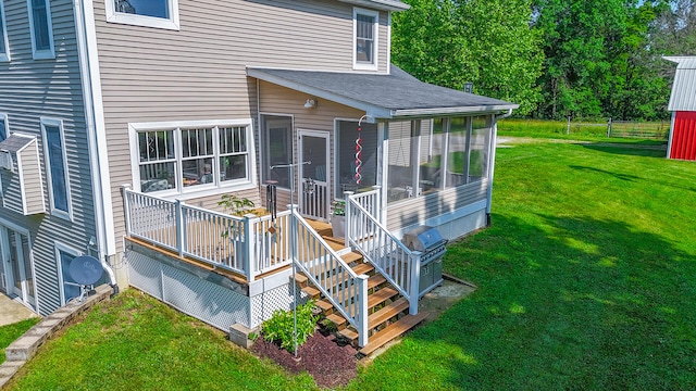 5200 N Locust Grove Church Rd, Columbia, MO 65202 - wooden terrace featuring a sunroom, a yard, and area for grilling