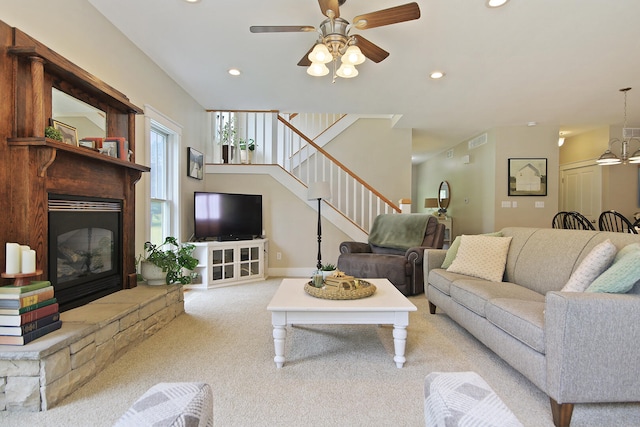 5200 N Locust Grove Church Rd, Columbia, MO 65202 - living area featuring a fireplace, stairs, a ceiling fan, carpet flooring, and recessed lighting