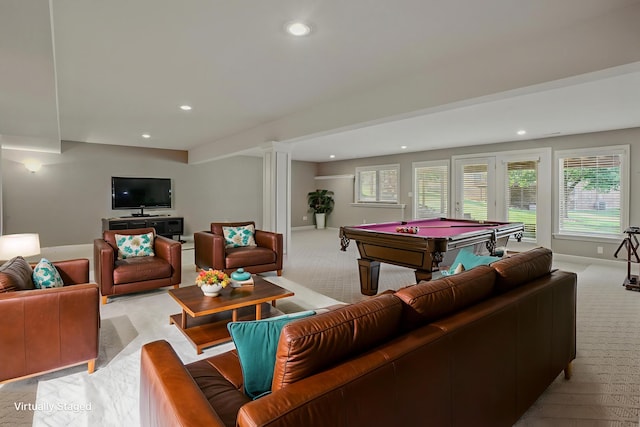 3904 Ivanhoe Blvd, Columbia, MO 65203 - rec room featuring light colored carpet, billiards, recessed lighting, and decorative columns