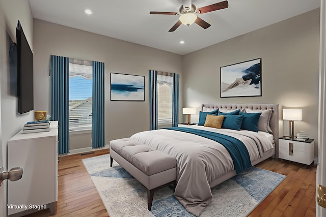 3904 Ivanhoe Blvd, Columbia, MO 65203 - bedroom with light wood-type flooring, recessed lighting, and a ceiling fan