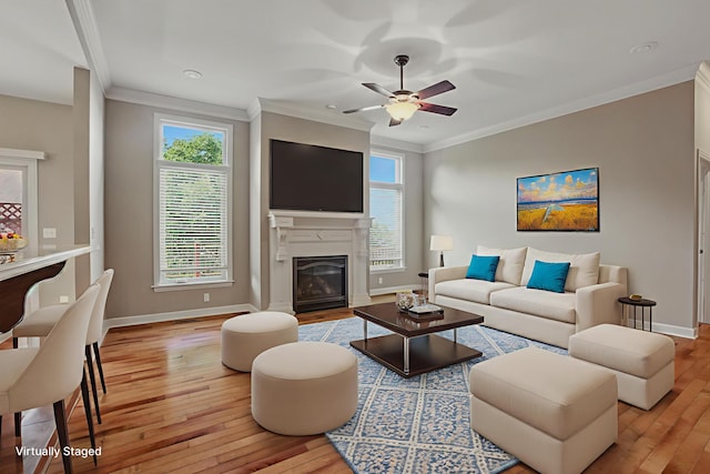 3904 Ivanhoe Blvd, Columbia, MO 65203 - living area featuring wood-type flooring, ceiling fan, healthy amount of natural light, crown molding, and a glass covered fireplace