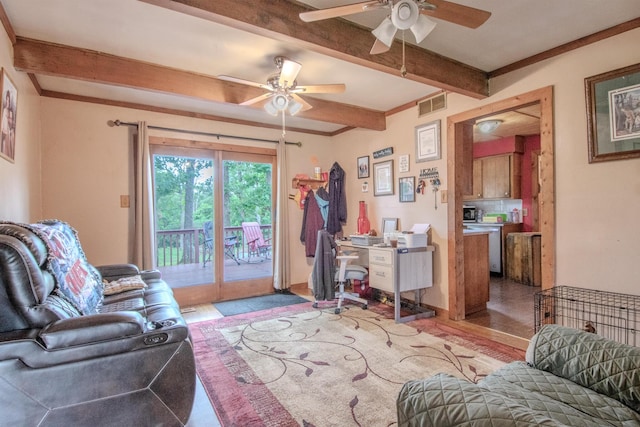 3674 State Road Aa, Holts Summit, MO 65043 - living area featuring ceiling fan, beamed ceiling, wood finished floors, and an office area