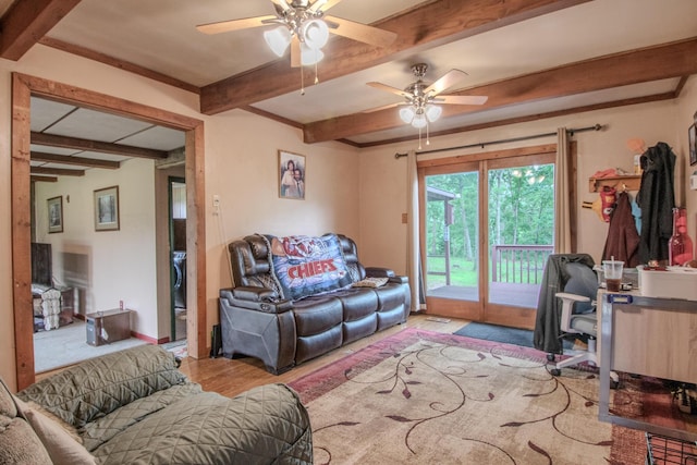 3674 State Road Aa, Holts Summit, MO 65043 - living room with beamed ceiling, a ceiling fan, and wood finished floors