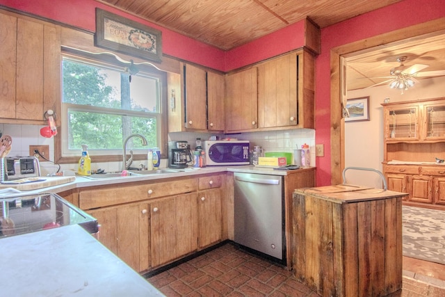 3674 State Road Aa, Holts Summit, MO 65043 - kitchen featuring dishwasher, light countertops, backsplash, electric range, and brick patterned floors
